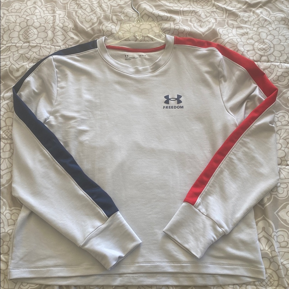 Under Armour White Top with Red and Blue Accents (NWOT)